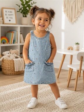 Lola + The Boys Crystal Heart Denim Bow Dress 2T (014)